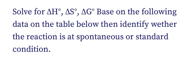 Solve for AH°, AS°, AG° Base on the following
data on the table below then identify wether
the reaction is at spontaneous or standard
condition.
