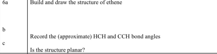 ба
Build and draw the structure of ethene
Record the (approximate) HCH and CCH bond angles
Is the structure planar?
