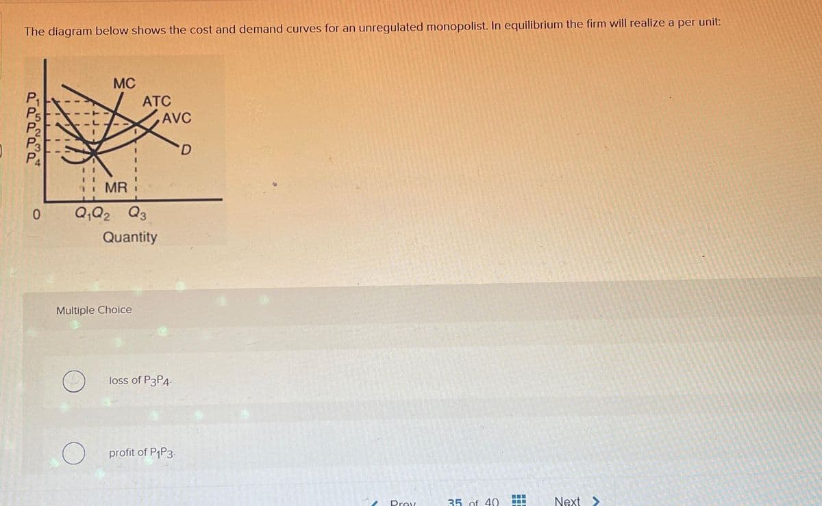 The diagram below shows the cost and demand curves for an unregulated monopolist. In equilibrium the firm will realize a per unit:
P₁
РА
0
MC
ATC
AVC
MR
Q₁ Q2 Q3
Quantity
Multiple Choice
loss of P3P4-
profit of P1P3-
D
A
Prey
35 of 40
Next
V