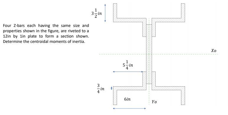 3zin
Four Z-bars each having the same size and
properties shown in the figure, are riveted to a
12in by lin plate to form a section shown.
Determine the centroidal moments of inertia.
Хо
5z in
3
in
6in
Yo
