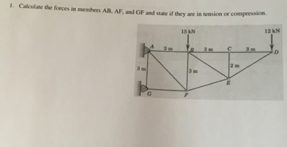 1. Calculate the forces in members AB, AF, and GF and state if they are in tension or compression.
3 m
3 m
15 kN
B
3 m
3 m
C
2m
E
3m
12 kN
D