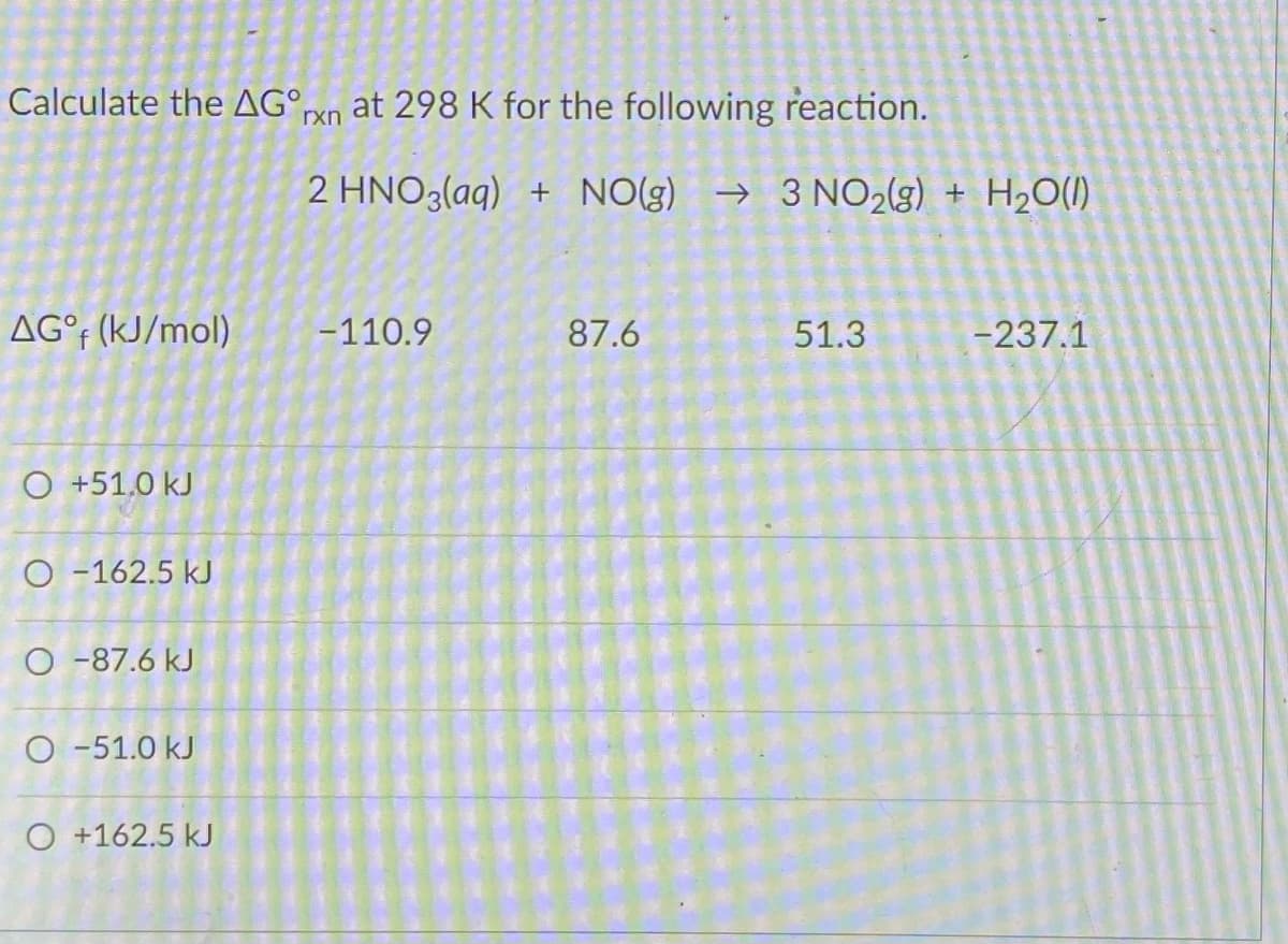 Calculate the AG°xn at 298 K for the following reaction.
2 HNO3(aq) + NO(g) → 3 NO2(g) + H2O(I)
AG°† (kJ/mol)
-110.9
87.6
51.3
-237.1
O +51,0 kJ
O -162.5 kJ
O -87.6 kJ
O -51.0 kJ
O +162.5 kJ
