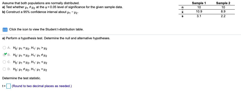 Assume that both populations are normally distributed.
a) Test whether u, # µ2 at the a = 0.05 level of significance for the given sample data.
Sample 1
10
Sample 2
10
n
b) Construct a 95% confidence interval about u - H2.
10,9
8.9
3.1
2.2
E Click the icon to view the Student t-distribution table.
a) Perform a hypothesis test. Determine the null and alternative hypotheses.
O A. Ho: H1 = H2, Hq: H1> H2
OB. Ho: H1 = H2, Hq: H1 # H2
O C. Ho: H1 = P2, H1: H1 < H2
O D. Ho: H1 #H2, H1: H1 = H2
Determine the test statistic.
t= (Round to two decimal places as needed.)
