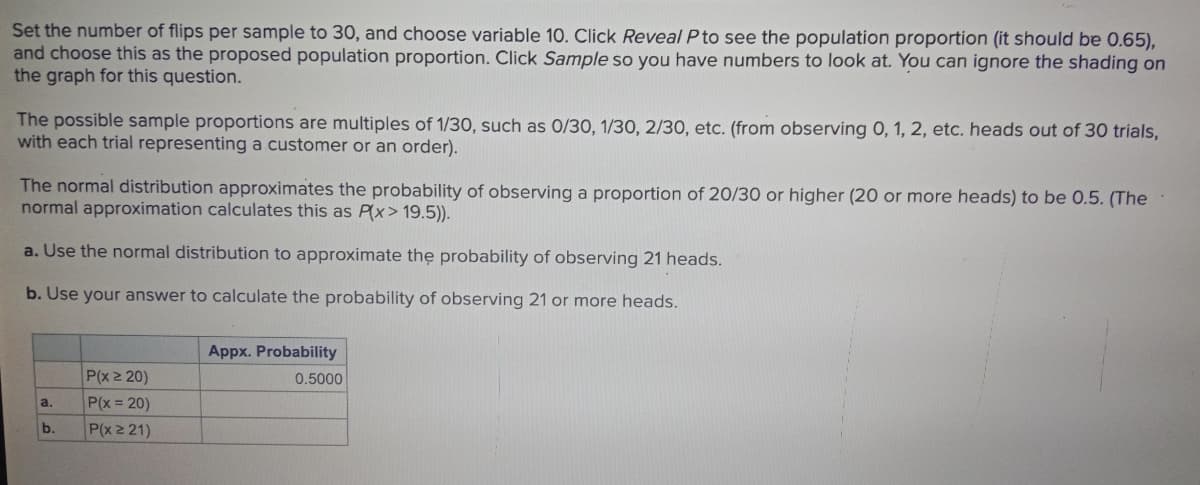 Set the number of flips per sample to 30, and choose variable 10. Click Reveal P to see the population proportion (it should be 0.65),
and choose this as the proposed population proportion. Click Sample so you have numbers to look at. You can ignore the shading on
the graph for this question.
The possible sample proportions are multiples of 1/30, such as 0/30, 1/30, 2/30, etc. (from observing 0, 1, 2, etc. heads out of 30 trials,
with each trial representing a customer or an order).
The normal distribution approximates the probability of observing a proportion of 20/30 or higher (20 or more heads) to be 0.5. (The
normal approximation calculates this as P(x> 19.5)).
a. Use the normal distribution to approximate the probability of observing 21 heads.
b. Use your answer to calculate the probability of observing 21 or more heads.
a.
b.
P(x ≥ 20)
P(x = 20)
P(x 2 21)
Appx. Probability
0.5000