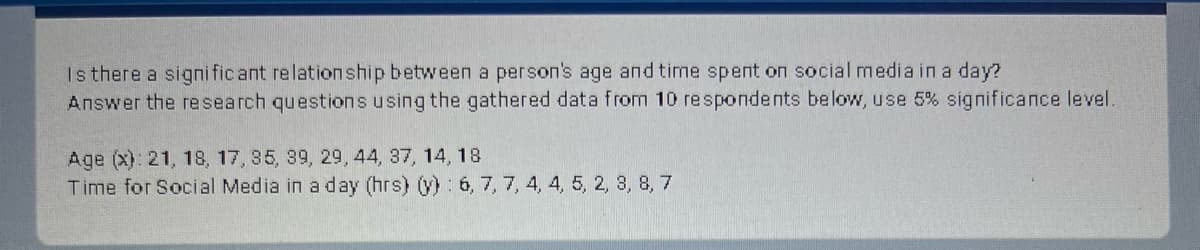 Is there a significant relationship between a person's age and time spent on social media in a day?
Answer the research questions using the gathered data from 10 respondents below, use 5% significance level.
Age (x): 21, 18, 17, 35, 39, 29, 44, 37, 14, 18
Time for Social Media in a day (hrs) (y): 6, 7, 7, 4, 4, 5, 2, 3, 8, 7