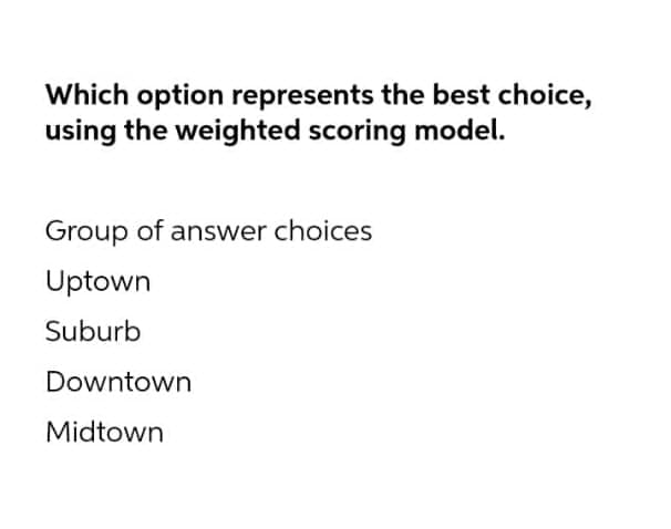 Which option represents the best choice,
using the weighted scoring model.
Group of answer choices
Uptown
Suburb
Downtown
Midtown
