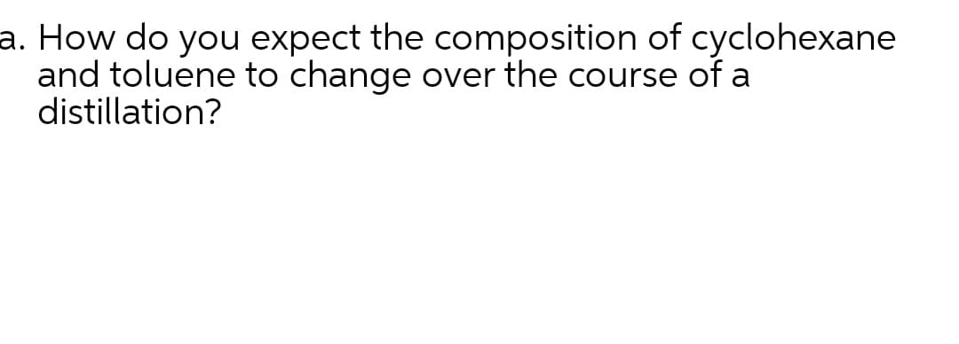 a. How do you expect the composition of cyclohexane
and toluene to change over the course of a
distillation?
