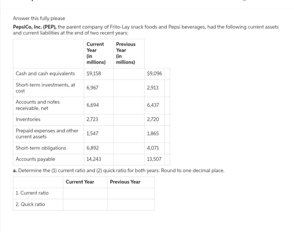 Answer this fully please
PepsiCo, Inc. (PEP), the parent company of Frito-Lay snack foods and Pepsi beverages, had the following current assets
and current liabilities at the end of two recent years:
Cash and cash equivalents
Short-term investments, at
cost
Accounts and notes
receivable, net
Inventories.
Prepaid expenses and other
current assets
1. Current ratio
Current
Year
(in
millions)
$9,158
2. Quick ratio
6,967
6,694
2,723
1,547
Previous
Year
(in
millions)
$9,096
2,913
6,437
2,720
Short-term obligations
6,892
4,071
Accounts payable
14,243
13,507
a. Determine the (1) current ratio and (2) quick ratio for both years. Round to one decimal place.
Current Year
Previous Year
1,865