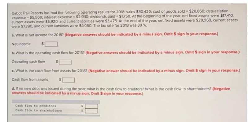 Cabot Trail Resorts Inc. had the following operating results for 2018: sales $30,420; cost of goods sold = $20,060; depreciation
expense - $5,500; interest expense = $2,940, dividends paid = $1,750. At the beginning of the year, net fixed assets were $17,410,
current assets were $5,920, and current liabilities were $3.475. At the end of the year, net fixed assets were $20,960, current assets
were $7,390, and current liabilities were $4,050. The tax rate for 2018 was 30 %.
a. What is net income for 2018? (Negative answers should be indicated by a minus sign. Omit $ sign in your response.)
Net income
b. What is the operating cash flow for 20187 (Negative answers should be indicated by a minus sign. Omit $ sign in your response.)
Operating cash flow
24
e. What is the cash flow from assets for 2018? (Negative answer should be indicated by a minus sign. Omit $ sign in your response.)
Cash flow from assets
d. If no new debt was issued during the year, what is the cash fiow to creditors? What is the cash flow to sharehoiders? (Negative
answers should be indicated by a minus sign. Omit $ sign in your response.)
Cash flow to ereditors
Cash flow to shareholders
