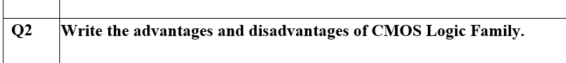 Q2
Write the advantages and disadvantages of CMOS Logic Family.
