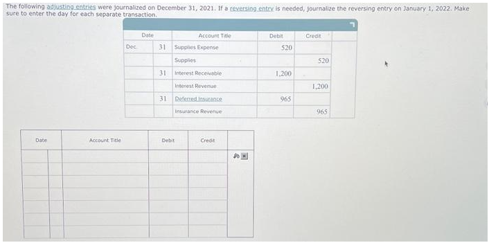 The following adjusting entries were journalized on December 31, 2021. If a reversing entry is needed, journalize the reversing entry on January 1, 2022. Make
sure to enter the day for each separate transaction.
Date
Account Title
Doc
Date
31
31
31
Account Title
Supplies Expense
Supplies
Interest Receivable
Interest Revenue
Debit
Deferred Insurance
Insurance Revenue
Credit
Debit
520
1,200
965
Credit
520
1,200.
965