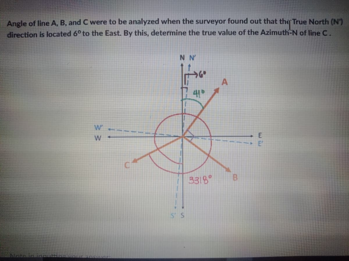 Angle of line A, B, and C were to be analyzed when the surveyor found out that the True North (N')
direction is located 6° to the East. By this, determine the true value of the Azimuth-N of line C.
N N'
41
W
3318°
B.
Not
8.
