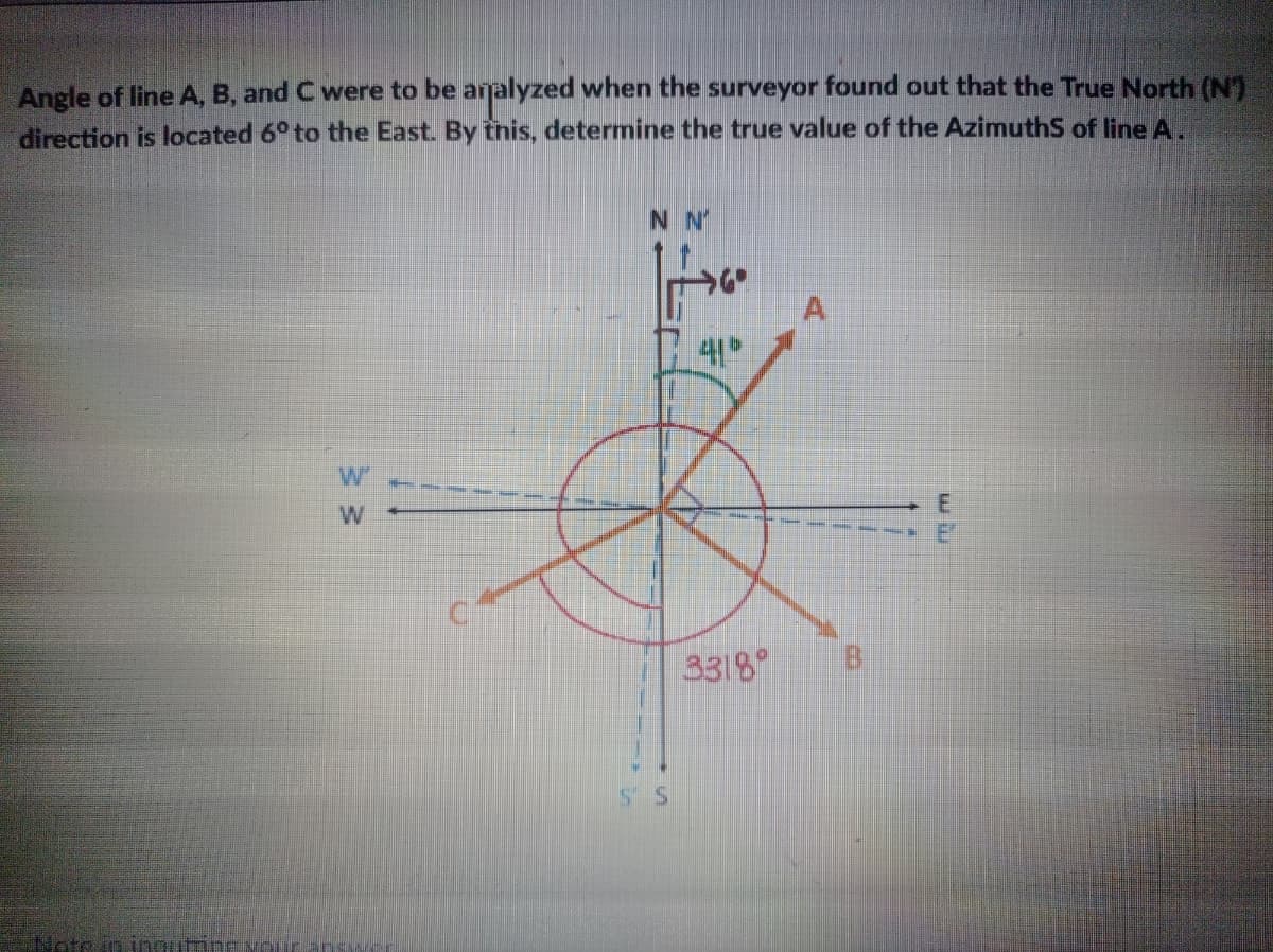 Angle of line A, B, and C were to be analyzed when the surveyor found out that the True North (N)
direction is located 6° to the East. By tnis, determine the true value of the AzimuthS of line A.
N N
A
W'
3318
5 S
