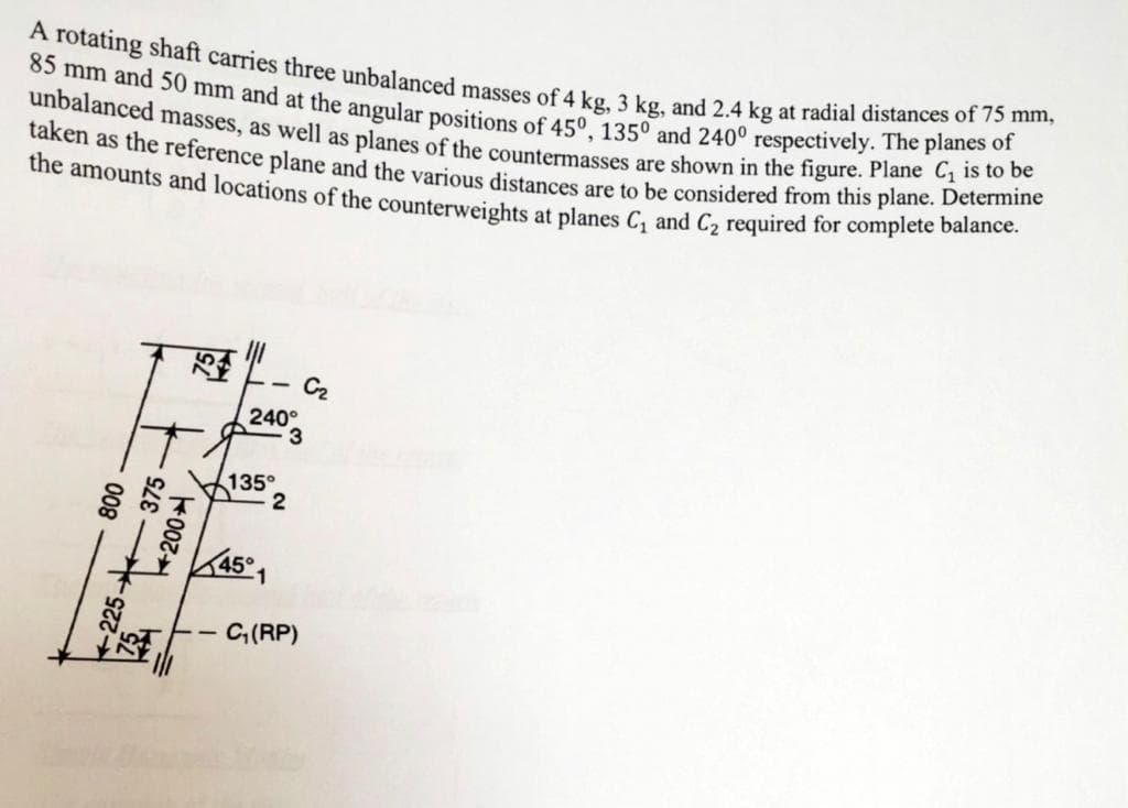 A rotating shaft carries three unbalanced masses of 4 kg, 3 kg, and 2.4 kg at radial distances of 75 mm,
85 mm and 50 mm and at the angular positions of 45°, 135° and 240° respectively. The planes of
taken as the reference plane and the various distances are to be considered from this plane. Determine
unbalanced masses, as well as planes of the countermasses are shown in the figure. Plane C₁ is to be
the amounts and locations of the counterweights at planes C₁ and C₂ required for complete balance.
225-
200
7-
C₂
240°
3
135°
2
45°1
C₁(RP)