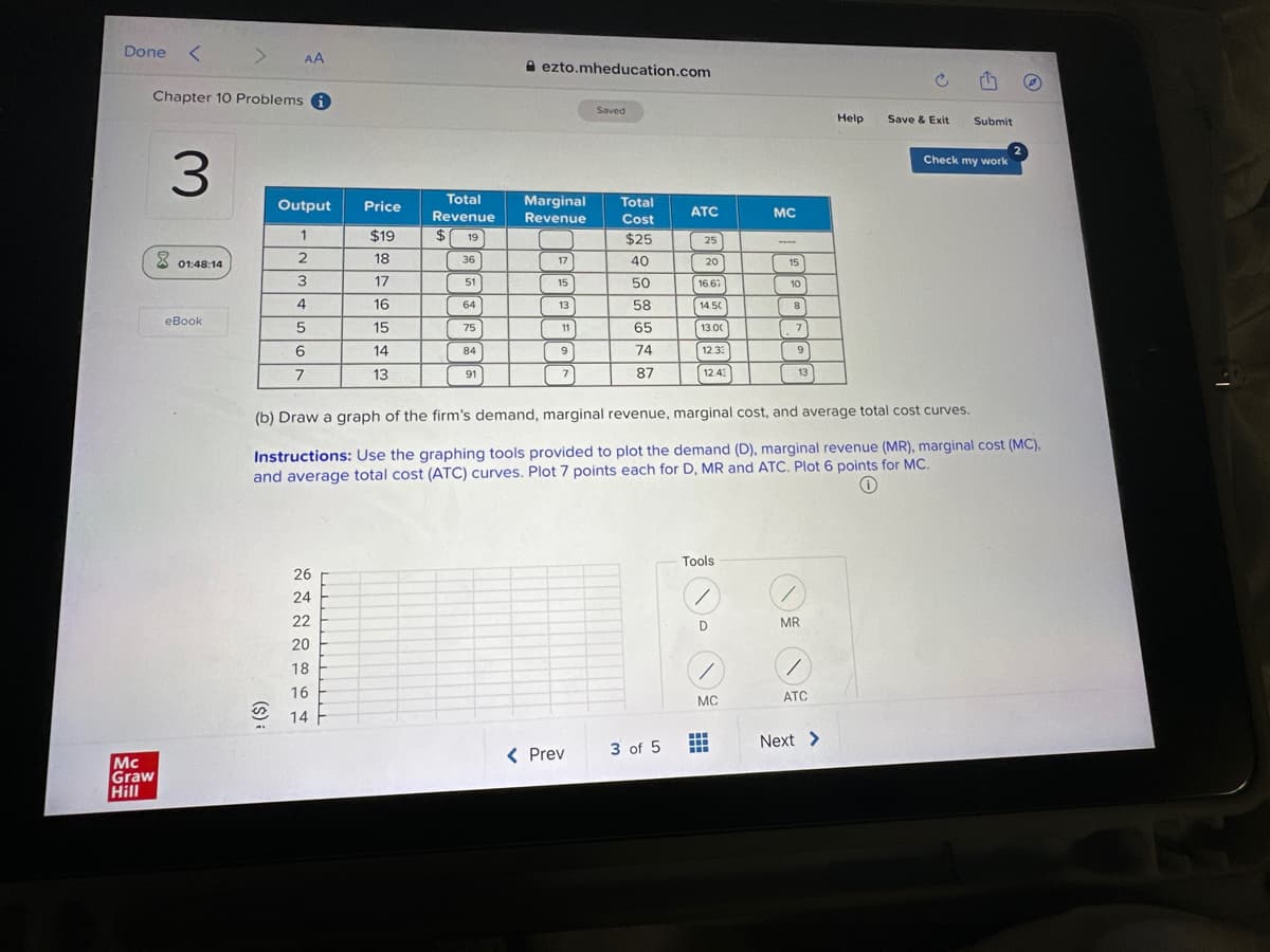Done <
Mc
Graw
Hill
Chapter 10 Problems i
3
01:48:14
eBook
AA
(S);
Output Price
1
$19
2
18
3
17
4
16
5
15
6
14
7
13
Total
Revenue
$1
19
36
51
64
75
84
91
26
24
22
20
18
16
14 F
ezto.mheducation.com
Marginal
Revenue
17
15
PARF
13
11
9
7
Saved
< Prev
Total
Cost
$25
40
50
58
65
74
87
ATC
3 of 5
25
20
16.67
14.50
13.00
12.33
12.43
Tools
/
D
/
MC
MC
#
----
15
10
(b) Draw a graph of the firm's demand, marginal revenue, marginal cost, and average total cost curves.
Instructions: Use the graphing tools provided to plot the demand (D), marginal revenue (MR), marginal cost (MC),
and average total cost (ATC) curves. Plot 7 points each for D, MR and ATC. Plot 6 points for MC.
8
7
9
13
/
MR
/
ATC
Help
Next >
Save & Exit Submit
Check my work
2