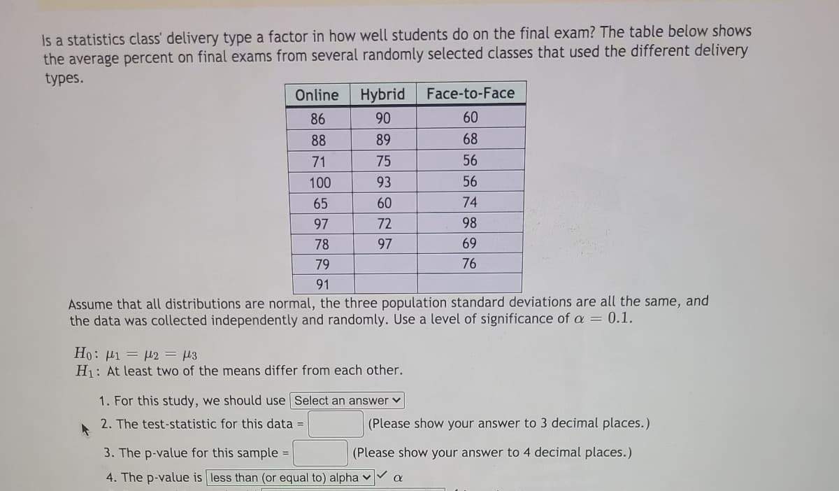 Is a statistics class' delivery type a factor in how well students do on the final exam? The table below shows
the average percent on final exams from several randomly selected classes that used the different delivery
types.
Online
Hybrid
Face-to-Face
86
90
60
88
89
68
71
75
56
100
93
56
65
60
74
97
72
98
78
97
69
79
76
91
Assume that all distributions are normal, the three population standard deviations are all the same, and
the data was collected independently and randomly. Use a level of significance of a = 0.1.
Ho: µi = µ2 = 43
H1: At least two of the means differ from each other.
1. For this study, we should use Select an answer v
2. The test-statistic for this data =
(Please show your answer to 3 decimal places.)
3. The p-value for this sample =
(Please show your answer to 4 decimal places.)
4. The p-value is less than (or equal to) alpha v a
