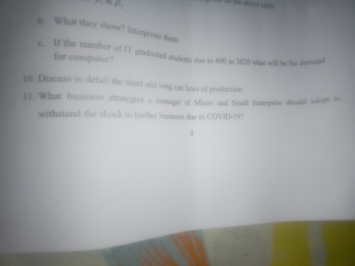 Of the above table
C. If the umber of IT graduated students rise to 400 in 2020 what will be the demand
b What they show? Interpreter them.
for computer?
10. Discuss in detail the short and long run laws of production.
11. What business strategies a manager of Micro and Small Enterprise should adope
withstand the shock to his/her business due to COVID-19?
3
