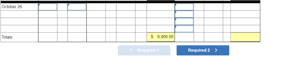 October 26
Totals
$ 8,400.00
< Required 1
Required 2 >
