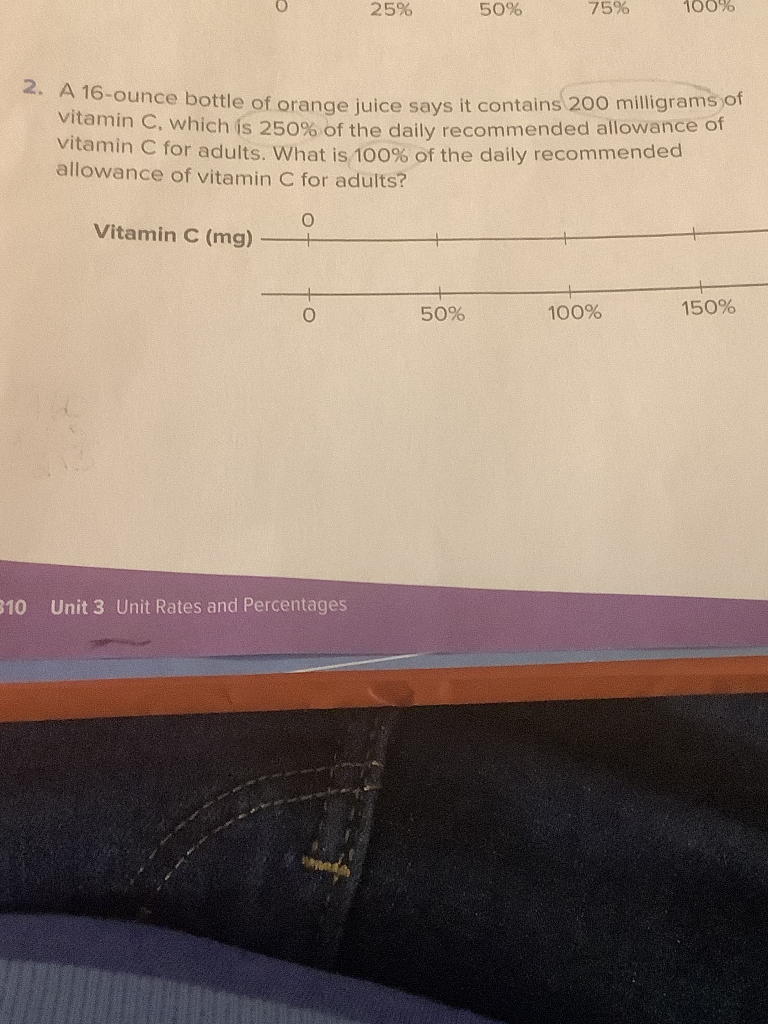 25%
75%
2. A 16-ounce bottle of orange juice says it contains 200 milligrams or
vitamin C, vwhich is 250% of the daily recommended allowance or
vitamin C for adults. What is 100% of the daily recommended
allowance of vitamin C for adults?
Vitamin C (mg)
50%
50%
310 Unit 3 Unit Rates and Percentages
