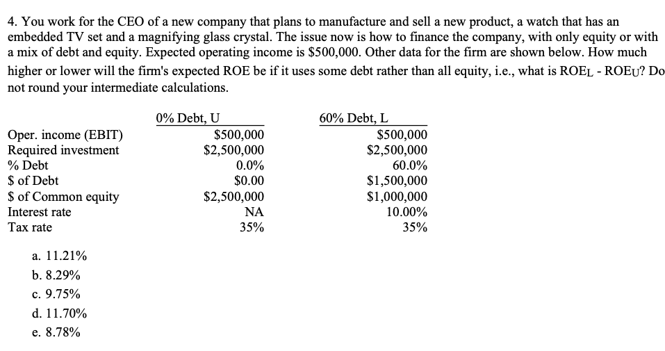 4. You work for the CEO of a new company that plans to manufacture and sell a new product, a watch that has an
embedded TV set and a magnifying glass crystal. The issue now is how to finance the company, with only equity or with
a mix of debt and equity. Expected operating income is $500,000. Other data for the firm are shown below. How much
higher or lower will the firm's expected ROE be if it uses some debt rather than all equity, i.e., what is ROEL - ROEU? Do
not round your intermediate calculations.
0% Debt, U
60% Debt, L
$500,000
$2,500,000
Oper. income (EBIT)
Required investment
% Debt
$ of Debt
$ of Common equity
$500,000
$2,500,000
0.0%
60.0%
$0.00
$1,500,000
$1,000,000
$2,500,000
NA
Interest rate
10.00%
Tax rate
35%
35%
a. 11.21%
b. 8.29%
c. 9.75%
d. 11.70%
e. 8.78%
