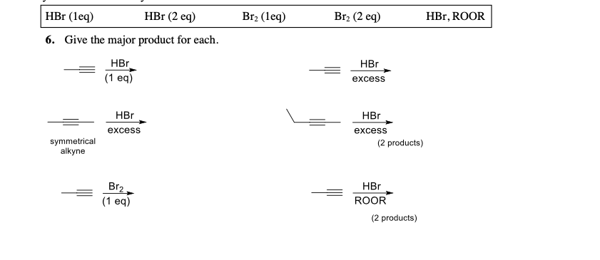 HBr (1eq)
HBr (2 eq)
Br2 (leq)
Br2 (2 eq)
HBr, ROOR
6. Give the major product for each.
HЕг
HЕг
(1 eq)
excess
HBr
HBr
excess
excess
symmetrical
alkyne
(2 products)
Br2.
(1 eq)
HBr
ROOR
(2 products)
