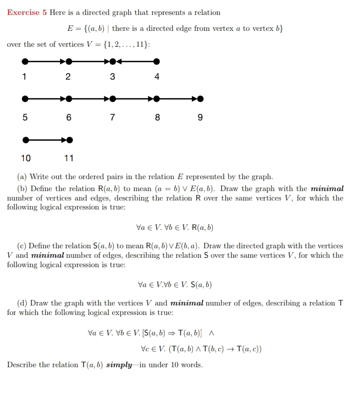 Exercise 5 Here is a directed graph that represents a relation
over the set of vertices V = {1,2,...,11}:
1
E = {(a, b) | there is a directed edge from vertex a to vertex b}
5
2
6
3
7
4
8
9
10
11
(a) Write out the ordered pairs in the relation E represented by the graph.
(b) Define the relation R(a, b) to mean (a = b) V E(a, b). Draw the graph with the minimal
number of vertices and edges, describing the relation R over the same vertices V, for which the
following logical expression is true:
Va € V. Vb € V. R(a, b)
(c) Define the relation S(a, b) to mean R(a, b)VE(b, a). Draw the directed graph with the vertices
V and minimal number of edges, describing the relation S over the same vertices V, for which the
following logical expression is true:
Va € V.Vb € V. S(a, b)
(d) Draw the graph with the vertices V and minimal number of edges, describing a relation T
for which the following logical expression is true:
Va V. Vb € V. [S(a, b) → T(a, b)] A
Vce V. (T(a, b) A T(b, c) → T(a, c))
Describe the relation T(a, b) simply in under 10 words.