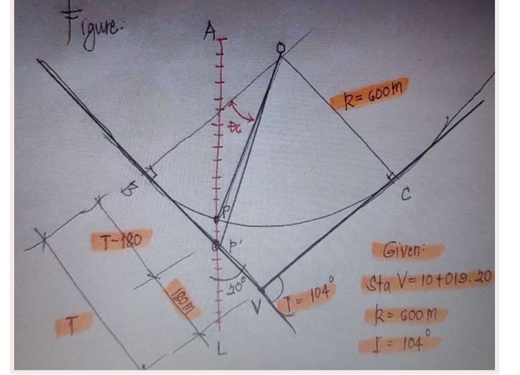 R= G00m
T-80
Given
Sta V= 104019. 2o
T=104°
R= GOO M
I 104°
180 m
