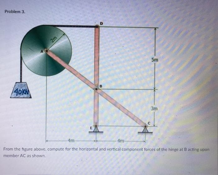 Problem 3.
D
2m
5m
40KM
3m
4m-
4m
From the figure above, compute for the horizontal and vertical component forces of the hinge at B acting upon
member AC as shown.
