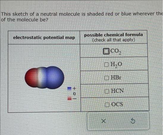 This sketch of a neutral molecule is shaded red or blue wherever the
of the molecule be?
electrostatic potential map
10+
possible chemical formula
(check all that apply)
CO₂
□H₂O
HBr
X
HCN
DOCS