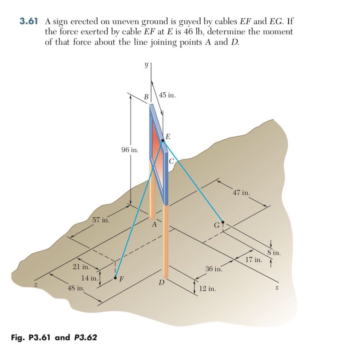 3.61 A sign erected on uneven ground is guyed by cables EF and EG. If
the force exerted by cable EF at E is 46 lb, determine the moment
of that force about the line joining points A and D.
В
45 in.
E
96 in.
47 in.
57 in.
8 in.
17 in.
21 in.
36 in.
14 in.
F
D
12 in.
48 in.
Fig. P3.61 and P3.62
