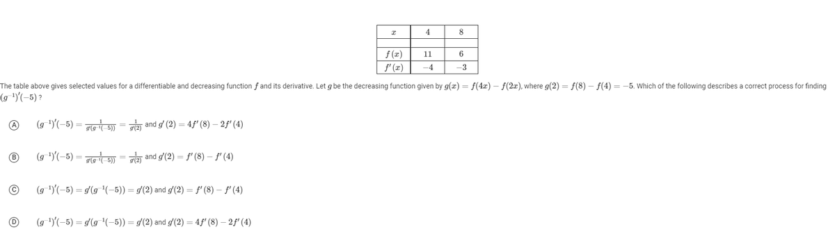 A
B
C
D
(9¹)(-5) = g(g¹(-5)) = g(2) and g'(2) = f'(8) — ƒ' (4)
x
(g-¹)(-5) = g(g¹(-5)) = g(2) and gʻ(2) = 4ƒ' (8) — 2ƒ' (4)
f(x)
f'(x)
The table above gives selected values for a differentiable and decreasing function f and its derivative. Let g be the decreasing function given by g(x) = f(4x) - f(2x), where g(2) = f(8) — ƒ(4) = -5. Which of the following describes a correct process for finding
(9¹)'(-5) ?
(g-¹)'(-5) = g(g-¹(-5)) = g(2) and g′ (2) = 4ƒ' (8) — 2ƒ′ (4)
(g-¹)'(-5) = g(g-¹(-5)) = g(2) and g'(2) = f'(8) — ƒ' (4)
4
11
-4
8
6
-3