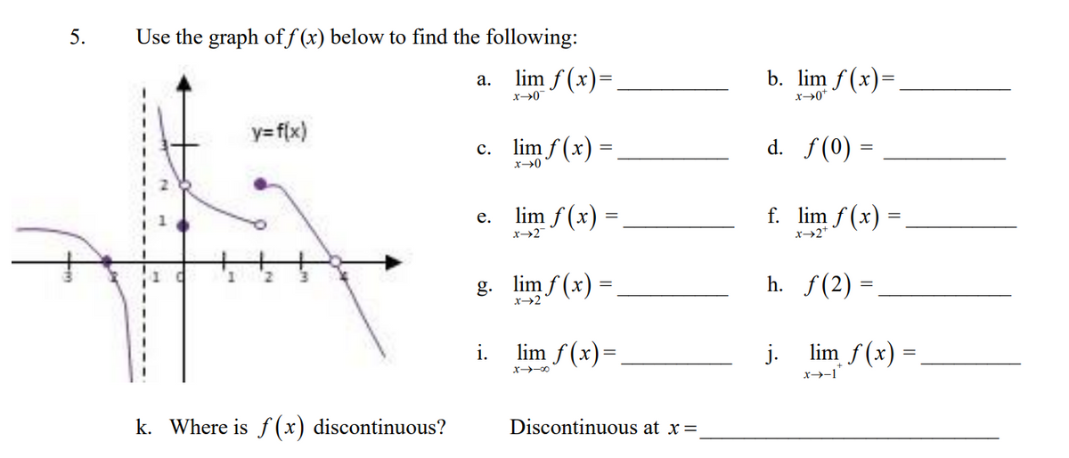 5.
Use the graph of f(x) below to find the following:
lim ƒ(x)=
x→0
y=f(x)
k. Where is f(x) discontinuous?
a.
C.
e.
lim f(x) =
x→0
i.
lim f(x)
x→2
=
g. lim f(x) =
=
x→2
lim ƒ(x)=
X→→∞0
Discontinuous at x =
b. lim f(x)=
x→0*
d. ƒ(0)
f. lim f(x) =
x-2*
h.
=
j.
ƒ(2) =.
lim_ f(x) =
x-→-1