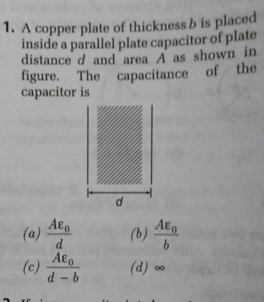 1. A copper plate of thicknessb is placed
inside a parallel plate capacitor of plate
distance d and area A as shown in
figure. The capacitance of the
capacitor is
Aeo
(a)
(b)
(c)
d- b
(d) ∞
