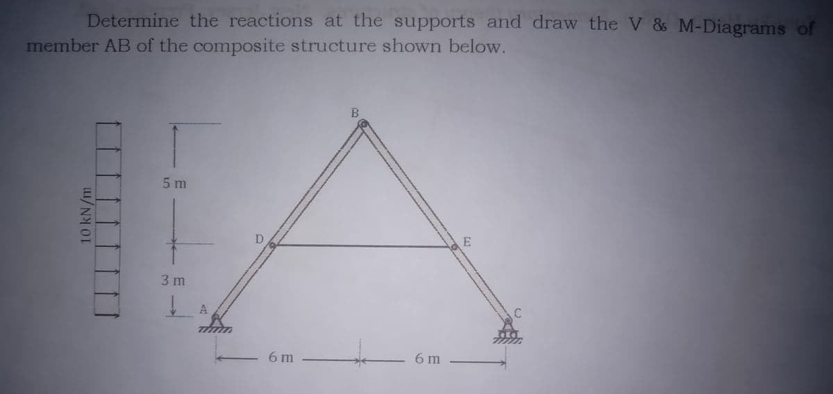 Determine the reactions at the supports and draw the V & M-Diagrams of
member AB of the composite structure shown below.
5 m
E
3 m
A
6 m
6 m
10 kN/m
