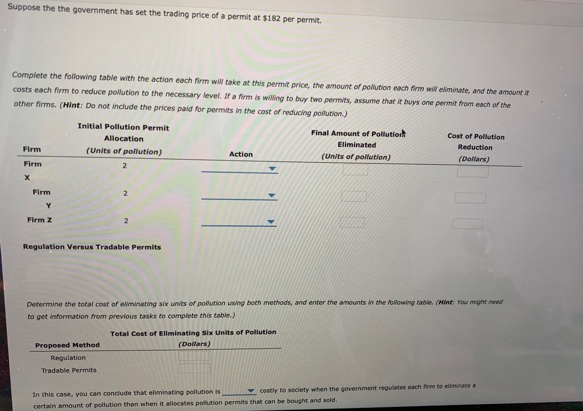 Suppose the the government has set the trading price of a permit at $182 per permit.
Complete the following table with the action each firm will take at this permit price, the amount of pollution each firm will eliminate, and the amount it
costs each firm to reduce pollution to the necessary level. If a firm is willing to buy two permits, assume that it buys one permit from each of the
other firms. (Hint: Do not include the prices paid for permits in the cost of reducing pollution.)
Initial Pollution Permit
Final Amount of Pollution
Allocation
Cost of Pollution
Eliminated
Reduction
Firm
(Units of pollution)
Action
(Units of pollution)
(Dollars)
Firm
Firm
Y
Firm Z
Regulation Versus Tradable Permits
Determine the total cost of eliminating six units of pollution using both methods, and enter the amounts in the following table. (Hint: You might need
to get information from previous tasks to complete this table.)
Total Cost of Eliminating Six Units of Pollution
Proposed Method
(Dollars)
Regulation
Tradable Permits
costly to society when the government regulates each firm to eliminate a
In this case, you can conclude that eliminating pollution is
certain amount of pollution than when it allocates pollution permits that can be bought and sold.
2.
2.
