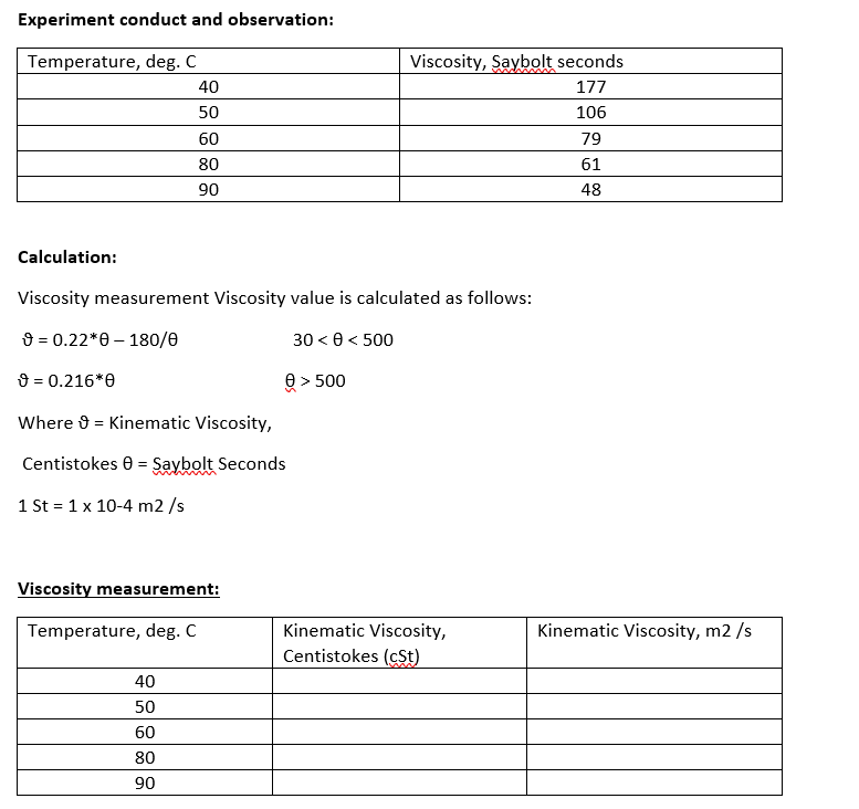 Experiment conduct and observation:
Temperature, deg. C
Viscosity, Saybolt seconds
40
177
50
106
60
79
80
61
90
48
Calculation:
Viscosity measurement Viscosity value is calculated as follows:
9 = 0.22*0 – 180/0
30 < 0 < 500
8 = 0.216*0
e > 500
Where 9 = Kinematic Viscosity,
Centistokes 0 = Saybolt Seconds
1 St = 1 x 10-4 m2 /s
Viscosity measurement:
Kinematic Viscosity,
Centistokes (cSt)
Temperature, deg. C
Kinematic Viscosity, m2 /s
40
50
60
80
90
