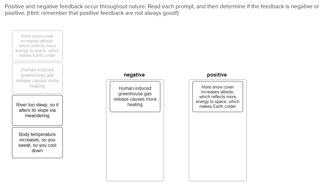 Positive and negative feedback occur throughout nature. Read each prompt, and then determine if the feedback is negative or
positive. (Hint: remember that positive feedback are not always good!)
More snow cover
increases albedo,
which reflects more
energy to space, which
makes Earth colder
Human-induced
negative
positive
greenhouse gas
release causes more
heating
More snow cover
Human-induced
increases albedo,
greenhouse gas
release causes more
which reflects more
heating
energy to space, which
makes Earth colder
River too steep, so it
alters its slope via
meandering
Body temperature
increases, so you
sweat, so you cool
down
