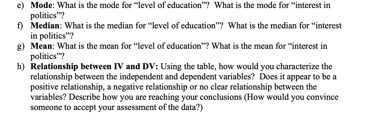 e) Mode: What is the mode for "level of education"? What is the mode for "interest in
politics"?
f) Median: What is the median for "level of education"? What is the median for "interest
in politics"?
g) Mean: What is the mean for "level of education"? What is the mean for "interest in
politics"?
h) Relationship between IV and DV: Using the table, how would you characterize the
relationship between the independent and dependent variables? Does it appear to be a
positive relationship, a negative relationship or no clear relationship between the
variables? Describe how you are reaching your conclusions (How would you convince
someone to accept your assessment of the data?)