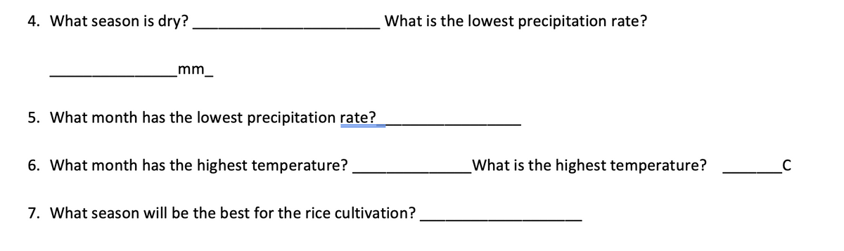 What is the lowest precipitation rate?
4. What season is dry?
mm-
5. What month has the lowest precipitation rate?
What is the highest temperature?
6. What month has the highest temperature?
7. What season will be the best for the rice cultivation?
