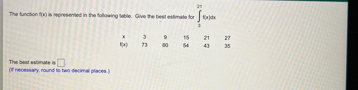 21
SFC
The function f(x) is represented in the following table. Give the best estimate for
3
The best estimate is
(If necessary, round to two decimal places.)
X
f(x)
3
73
9
60
15
54
f(x)dx
21
43
27
35