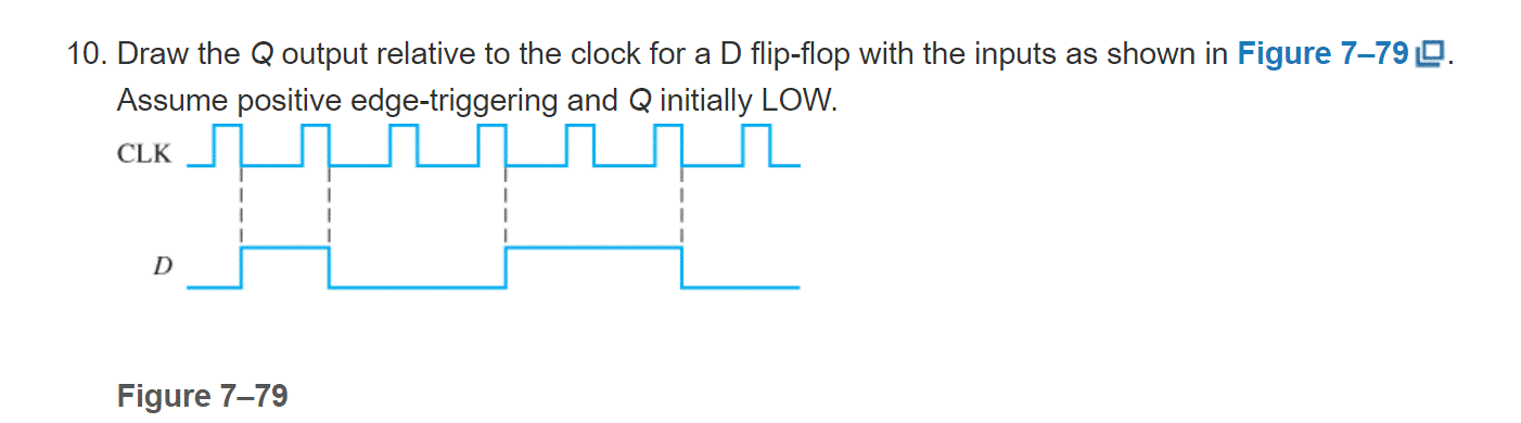 10. Draw the Q output relative to the clock for a D flip-flop with the inputs as shown in Figure 7-79.
Assume positive edge-triggering and Q initially LOW.
CLK
D
Figure 7-79