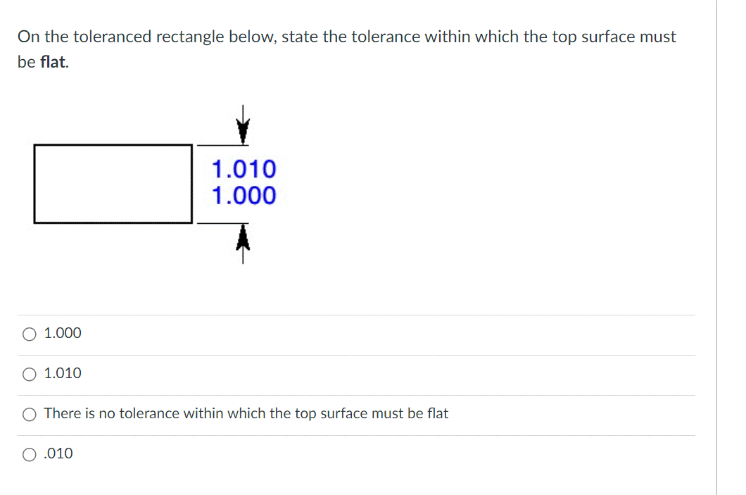 On the toleranced rectangle below, state the tolerance within which the top surface must
be flat.
1.000
1.010
1.010
1.000
There is no tolerance within which the top surface must be flat
O .010