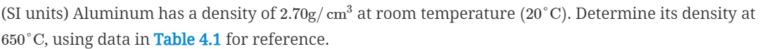 (SI units) Aluminum has a density of 2.70g/cm³ at room temperature (20°C). Determine its density at
650˚C, using data in Table 4.1 for reference.