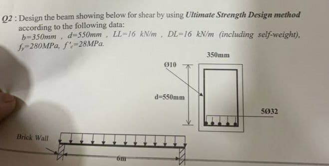 02: Design the beam showing below for shear by using Ultimate Strength Design method
according to the following data:
b=350mm, d=550mm, LL=16 kN/m, DL=16 kN/m (including self-weight).
f-280MPA, f'=28MPA.
350mm
Ø10
d=550mm
5032
Brick Wall
6m
