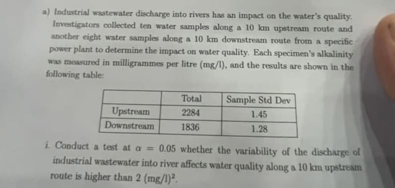 a) Industrial wastewater discharge into rivers has an impact on the water's quality.
Investigators collected ten water samples along a 10 km upstream route and
another eight water samples along a 10 km downstream route from a specific
power plant to determine the impact on water quality. Each specimen's alkalinity
was measured in milligrammes per litre (mg/1), and the results are shown in the
following table:
Upstream
Downstream
Total
2284
1836
Sample Std Dev
1.45
1.28
i. Conduct a test at a = 0.05 whether the variability of the discharge of
industrial wastewater into river affects water quality along a 10 km upstream
route is higher than 2 (mg/l)².