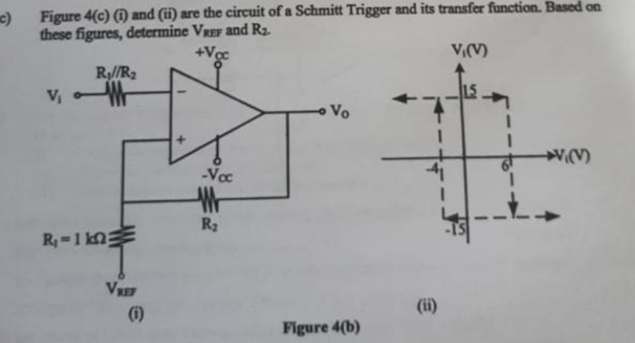 C)
Figure 4(c) (i) and (ii) are the circuit of a Schmitt Trigger and its transfer function. Based on
these figures, determine VREF and R₂.
+Voc
V.(V)
R₁//R₂
V₁
W
Vo
(V)
R₁-1 k
Figure 4(b)
VREF
(1)
-Voc
W
R₂