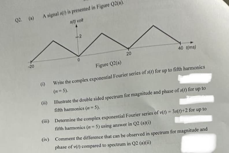 Q2. (a) A signal s() is presented in Figure Q2(a).
s(1) volt
-20
(1)
0
20
40 t(ms)
Figure Q2(a)
Write the complex exponential Fourier series of s(1) for up to fifth harmonics
(n=5).
(ii) Illustrate the double sided spectrum for magnitude and phase of s(t) for up to
fifth harmonics (n = 5).
(iii) Determine the complex exponential Fourier series of v(t) = 3s(1)+2 for up to
fifth harmonics (n = 5) using answer in Q2 (a)(i)
(iv) Comment the difference that can be observed in spectrum for magnitude and
phase of v(1) compared to spectrum in Q2 (a)(ii)