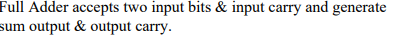 Full Adder accepts two input bits & input carry and generate
sum output & output carry.
