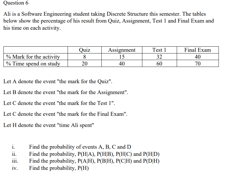 Question 6
Ali is a Software Engineering student taking Discrete Structure this semester. The tables
below show the percentage of his result from Quiz, Assignment, Test 1 and Final Exam and
his time on each activity.
Quiz
Assignment
Test 1
Final Exam
% Mark for the activity
% Time spend on study
8.
15
32
40
20
40
60
70
Let A denote the event "the mark for the Quiz".
Let B denote the event "the mark for the Assignment".
Let C denote the event "the mark for the Test 1".
Let C denote the event "the mark for the Final Exam".
Let H denote the event "time Ali spent"
Find the probability of events A, B, C and D
Find the probability, P(H|A), P(H|B), P(H|C) and P(H|D)
Find the probability, P(A|H), P(B|H), P(C[H) and P(D|H)
Find the probability, P(H)
i.
ii.
iii.
iv.
