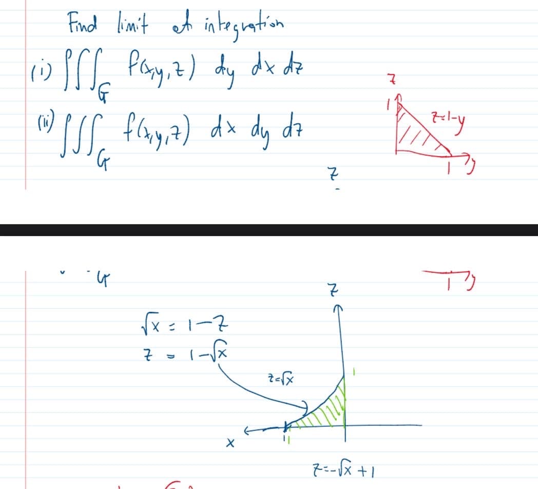 Find limit et integration
tpxp hip (aihny Na
t'
G
1) SSS f(ny, z) dx dy dz
ст
V
п.
t-1=xy
хл-,
X
Su
XJoz
ғ
1+ xf-=2
7-1-y
ш